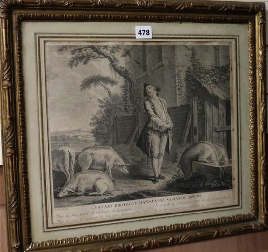 After Sebastien Leclere, three (of six) engravings from the LEnfant Prodigue series, Paris, circa 1751 and another engraving 32 x 37